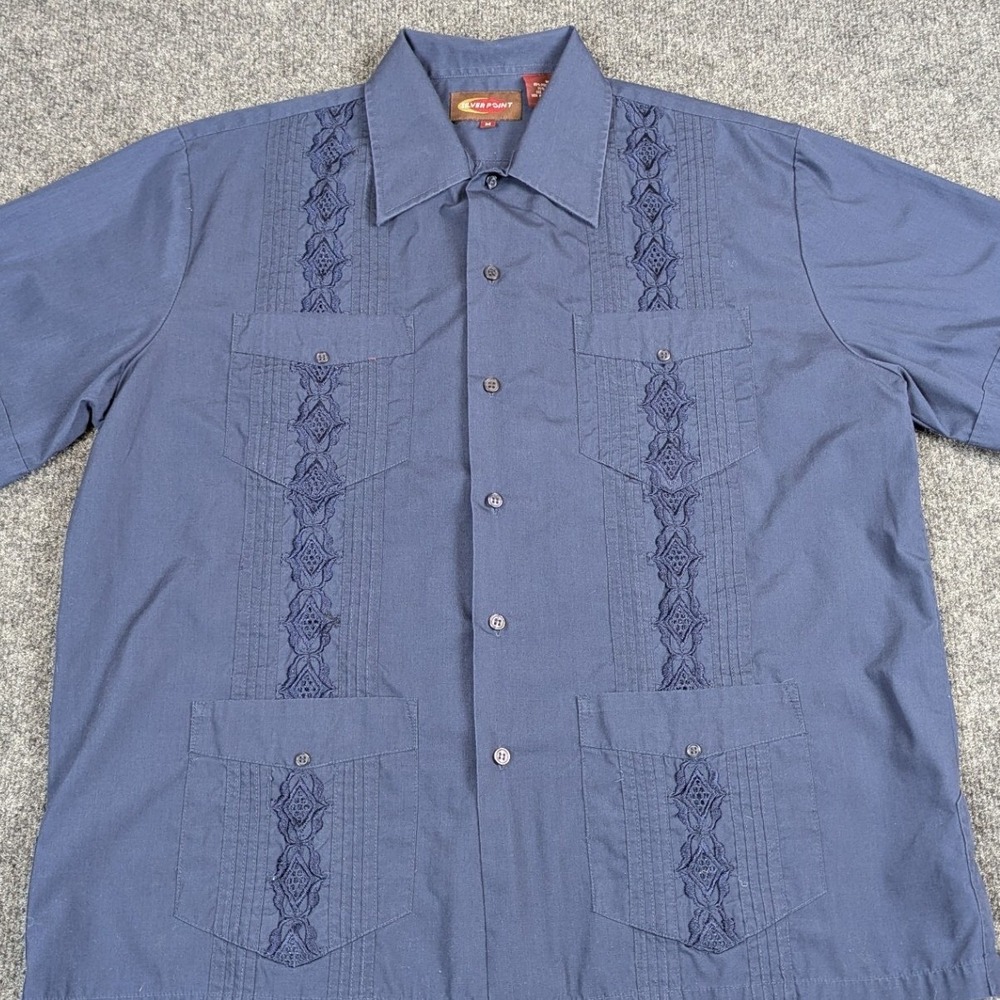 Silver Point Mens Medium Navy Blue Embroidered Guayabera Short Sleeve Shirt